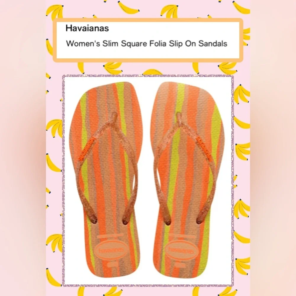 NWT Havaianas Slim Square Folia Flip Flops Glitter Striped Wom 9/10 Peach Orange - Picture 1 of 14